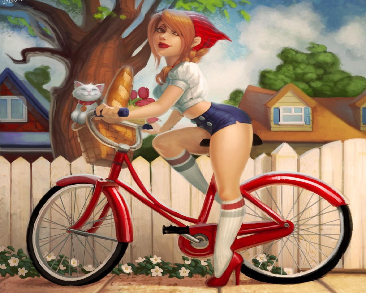 Голая красавица катается на велосипеде и седло трет киску 